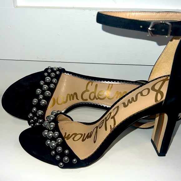 🪩SAM EDELMAN•Yoshi Black Suede Sandals silver studded embellishment •Size 7.5 - Picture 12 of 17